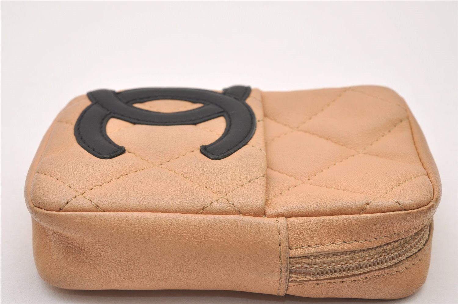 Authentic CHANEL Calf Skin Cambon Line Cigarette Case Pouch Beige Box 1160I