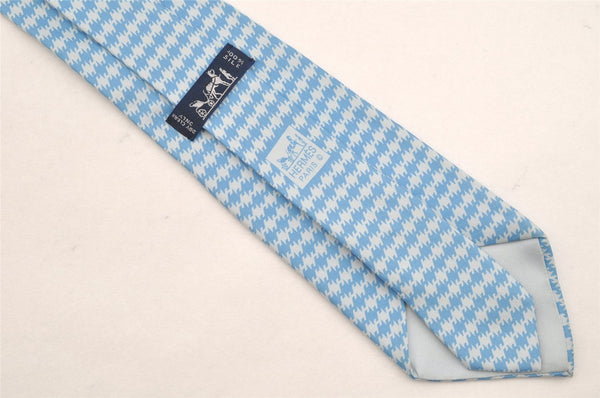 Authentic HERMES Tie Necktie Houndstooth Pattern Silk 5379OA Light Blue 1168I