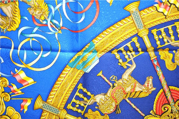 Authentic HERMES Carre 90 Scarf "LUNA PARK" Silk Blue Box 1169E