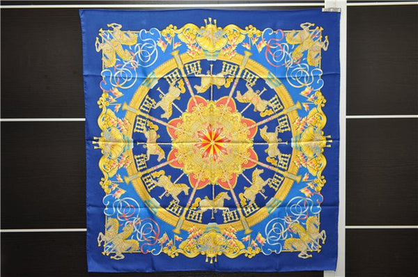 Authentic HERMES Carre 90 Scarf "LUNA PARK" Silk Blue Box 1169E