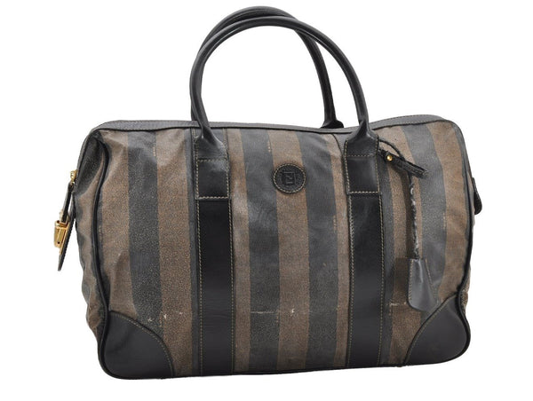 Authentic FENDI Pequin 2Way Hand Boston Bag PVC Leather Brown Black 1175I
