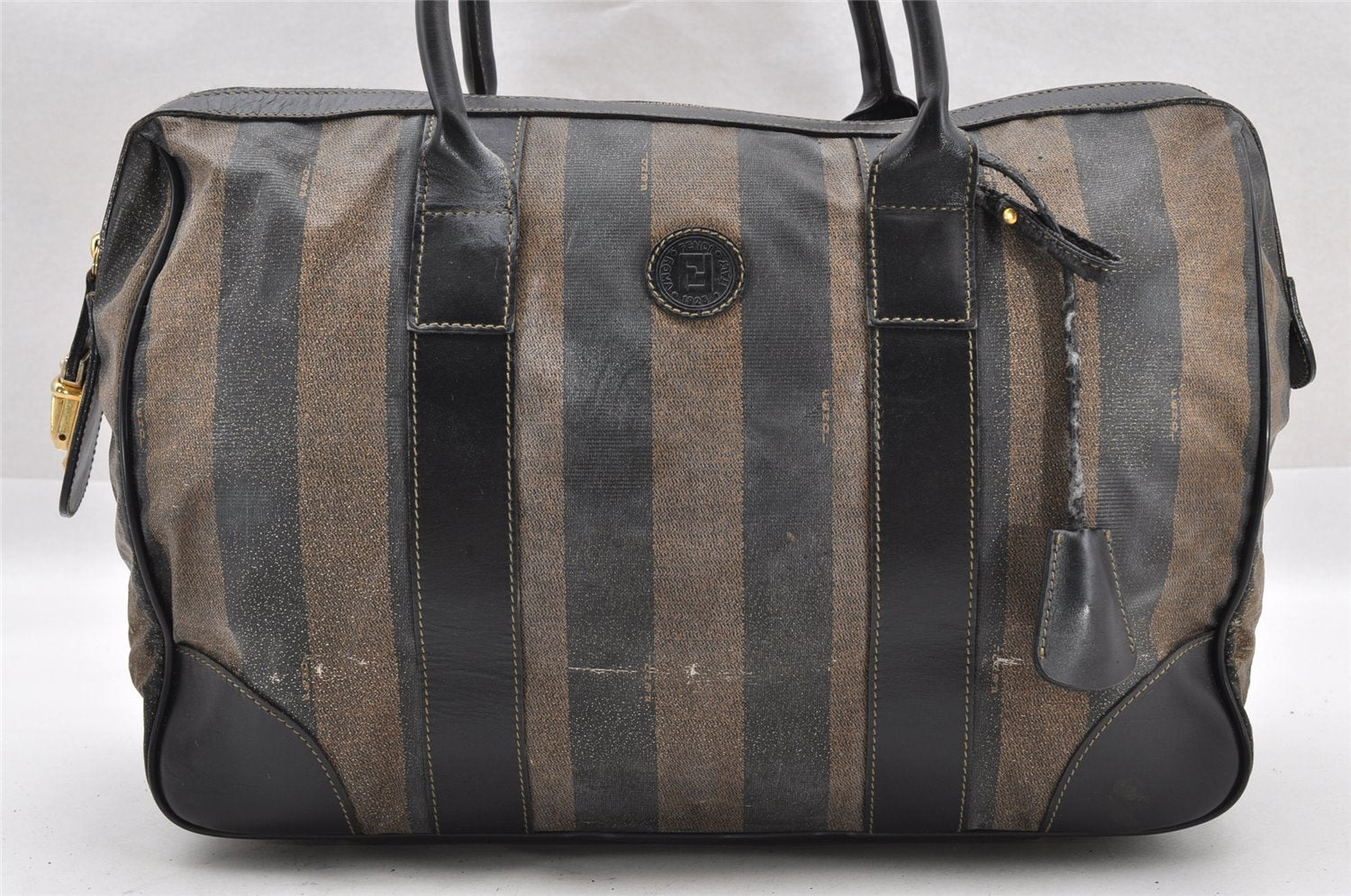 Authentic FENDI Pequin 2Way Hand Boston Bag PVC Leather Brown Black 1175I