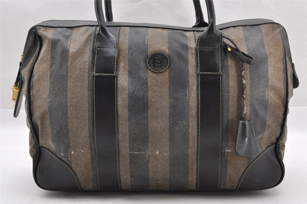 Authentic FENDI Pequin 2Way Hand Boston Bag PVC Leather Brown Black 1175I