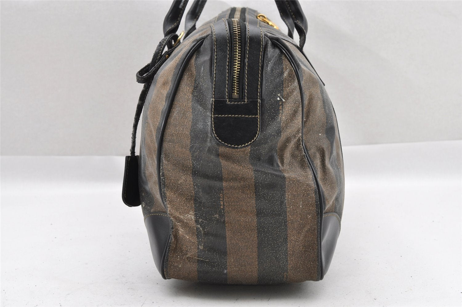 Authentic FENDI Pequin 2Way Hand Boston Bag PVC Leather Brown Black 1175I