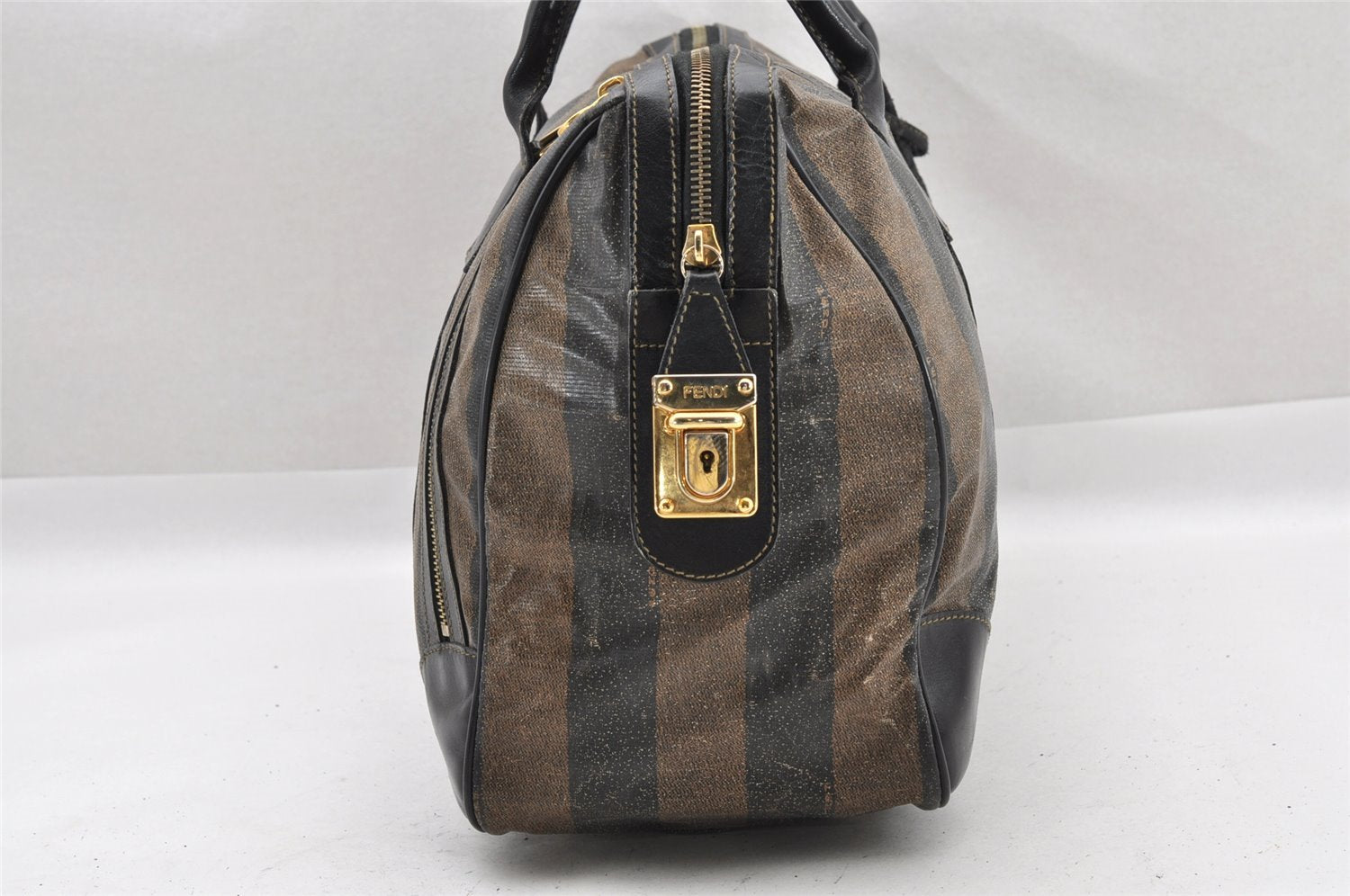 Authentic FENDI Pequin 2Way Hand Boston Bag PVC Leather Brown Black 1175I