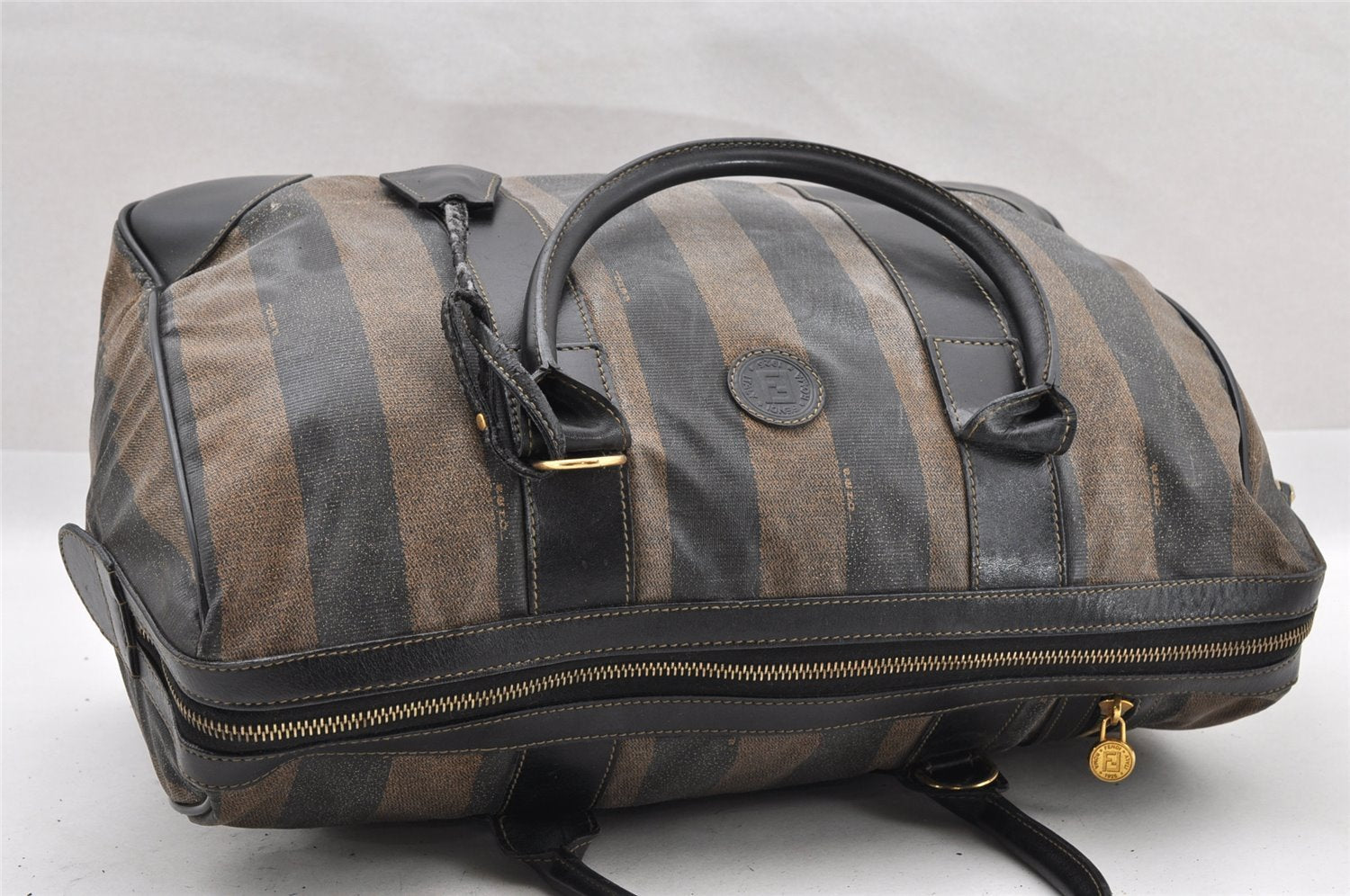 Authentic FENDI Pequin 2Way Hand Boston Bag PVC Leather Brown Black 1175I