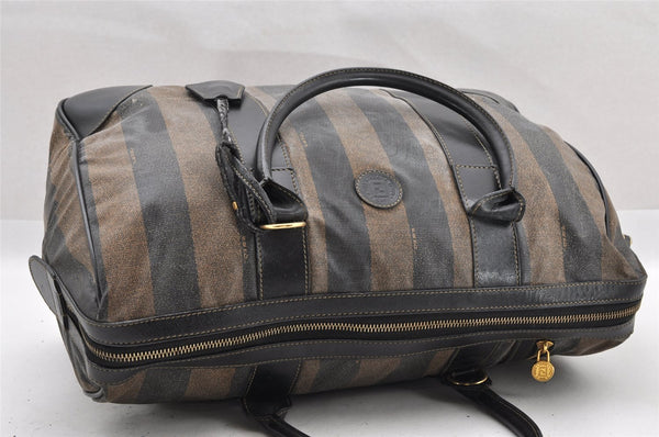 Authentic FENDI Pequin 2Way Hand Boston Bag PVC Leather Brown Black 1175I