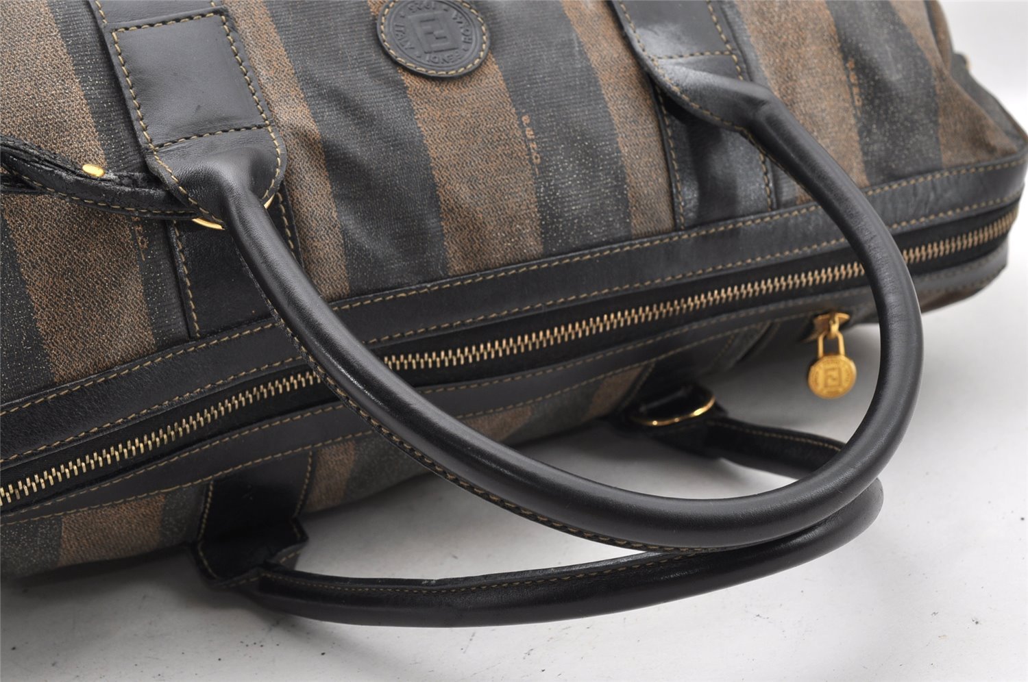 Authentic FENDI Pequin 2Way Hand Boston Bag PVC Leather Brown Black 1175I