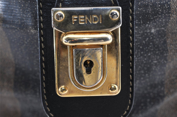 Authentic FENDI Pequin 2Way Hand Boston Bag PVC Leather Brown Black 1175I