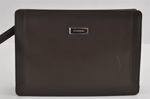 Authentic BURBERRY Vintage Leather Clutch Hand Bag Purse Brown 1177I