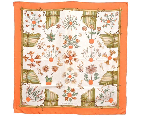 Authentic HERMES Carre 90 Scarf "Herbier de Gavarnie" Silk Orange 1189I