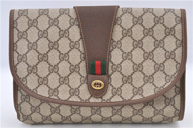 Authentic GUCCI Web Sherry Line Clutch Hand Bag Purse GG PVC Leather Brown 1191C