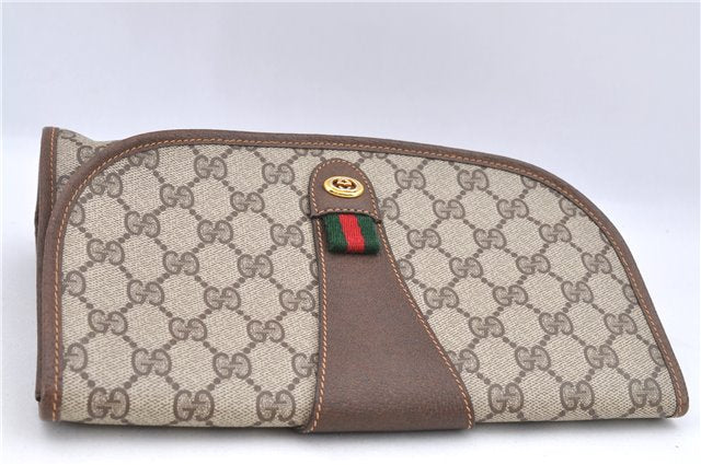 Authentic GUCCI Web Sherry Line Clutch Hand Bag Purse GG PVC Leather Brown 1191C