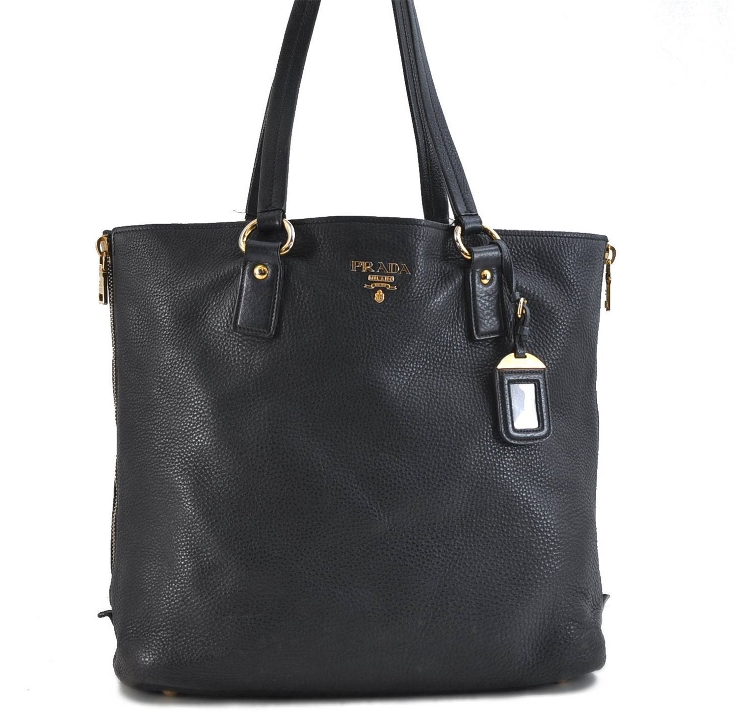 Authentic PRADA Leather Shoulder Tote Bag Black 1193D