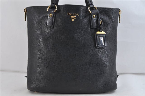 Authentic PRADA Leather Shoulder Tote Bag Black 1193D