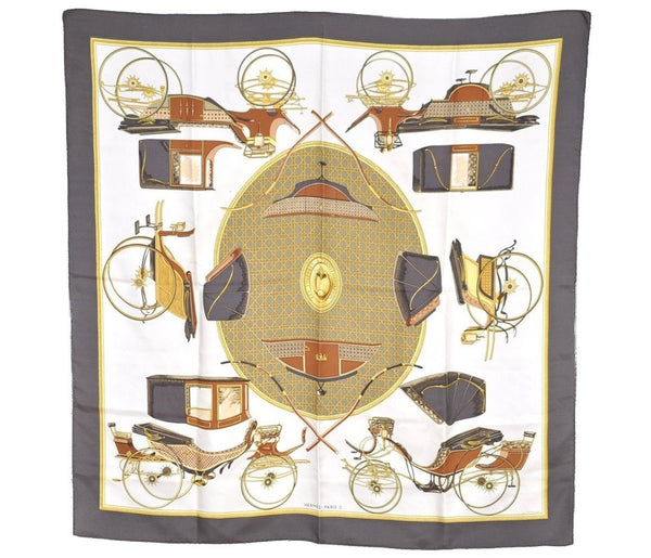 Authentic HERMES Carre 90 Scarf "LES VOITURES A TRANSFORMATION" Silk Gray 1193I