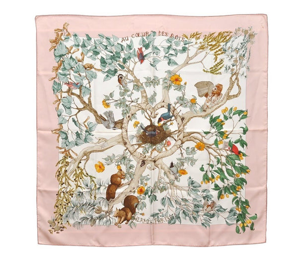 Authentic HERMES Carre 90 Scarf "AU COEUR DES BOIS " Silk Pink 1197I