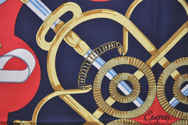 Authentic HERMES Carre 90 Scarf "Eperon d' or" Silk Navy 1198I