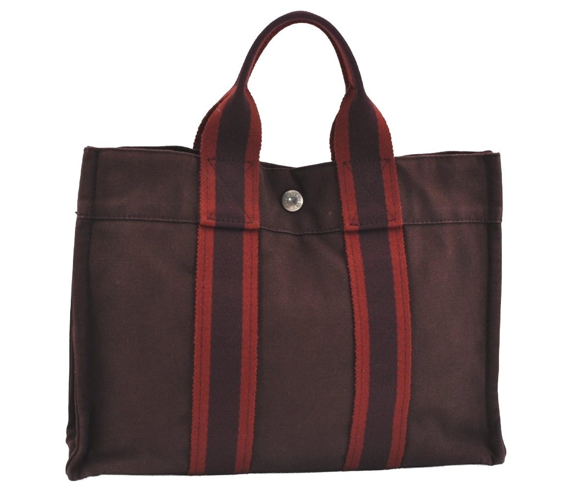 Authentic HERMES Fourre Tout PM Vintage Hand Tote Bag Canvas Wine Red 1202I