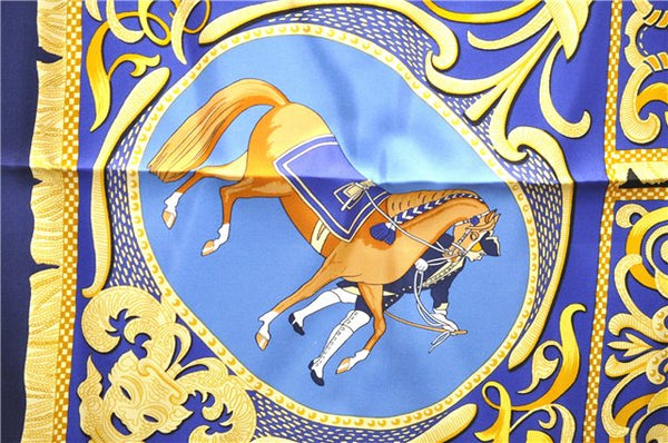 Authentic HERMES Carre 90 Scarf "LA PRESENTATION" Silk Blue Box 1205D