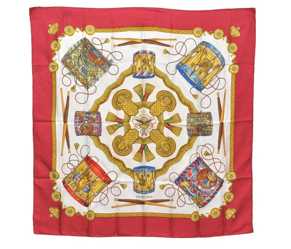 Authentic HERMES Carre 90 Scarf "LES TAMBOURS" Silk Red 1206I