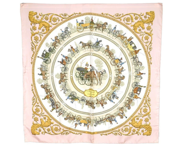 Authentic HERMES Carre 90 Scarf "LA PROMENADE DE LONGCHAMPS" Silk Pink 1207I