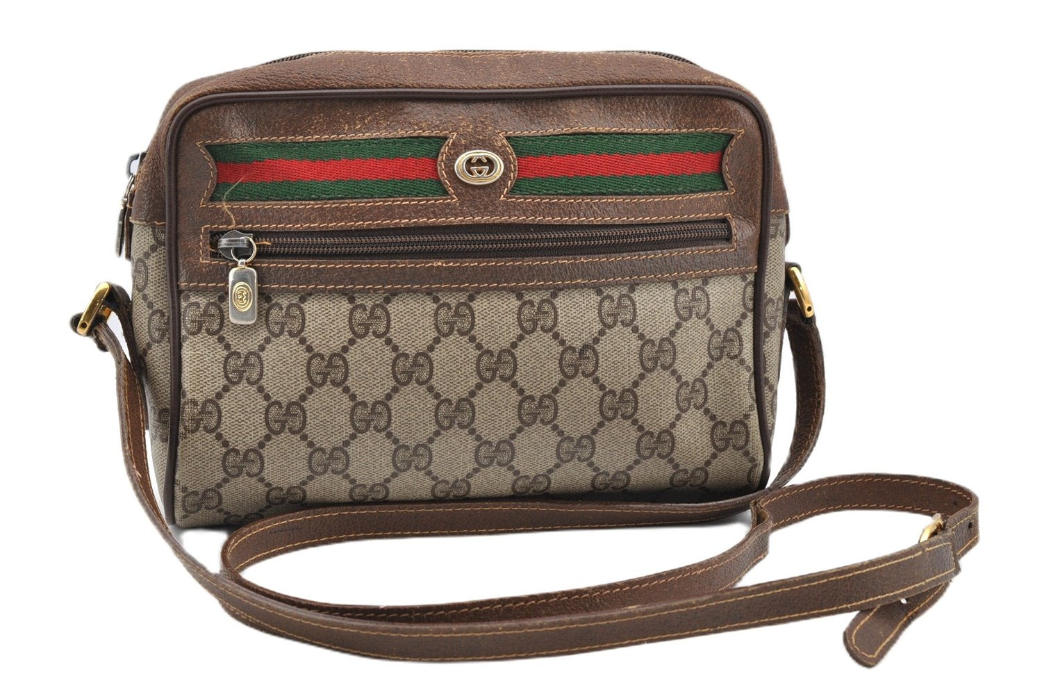 Authentic GUCCI Web Sherry Line Shoulder Cross Bag GG PVC Leather Brown 1208G
