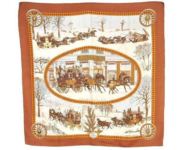 Authentic HERMES Carre 90 Scarf "BULL&MOUTH WESTERN COACH" Silk Brown 1210I