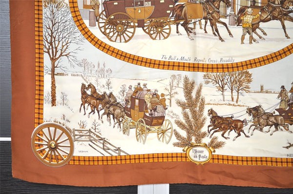 Authentic HERMES Carre 90 Scarf "BULL&MOUTH WESTERN COACH" Silk Brown 1210I