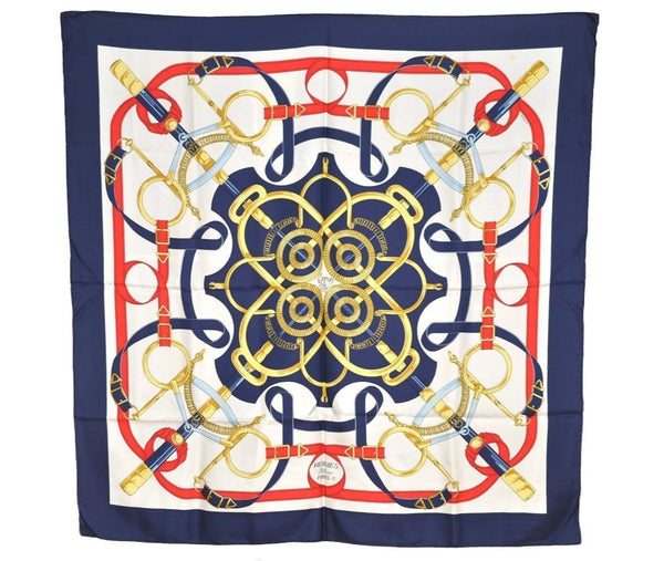 Authentic HERMES Carre 90 Scarf "Eperon d'Or" Silk Navy 1212I