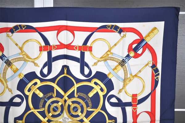 Authentic HERMES Carre 90 Scarf "Eperon d'Or" Silk Navy 1212I