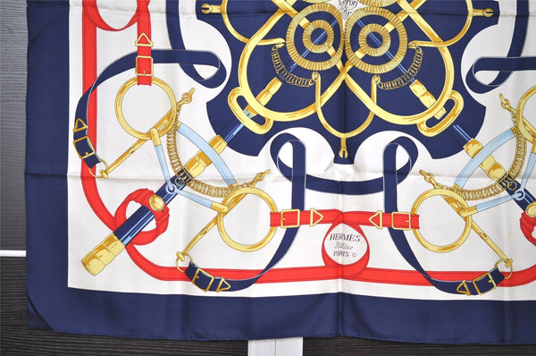 Authentic HERMES Carre 90 Scarf "Eperon d'Or" Silk Navy 1212I