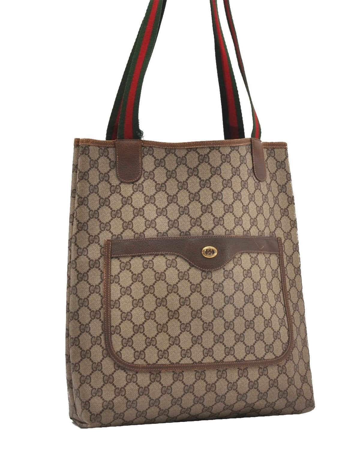 Authentic GUCCI Web Sherry Line Shoulder Tote Bag GG PVC Leather Brown 1214G