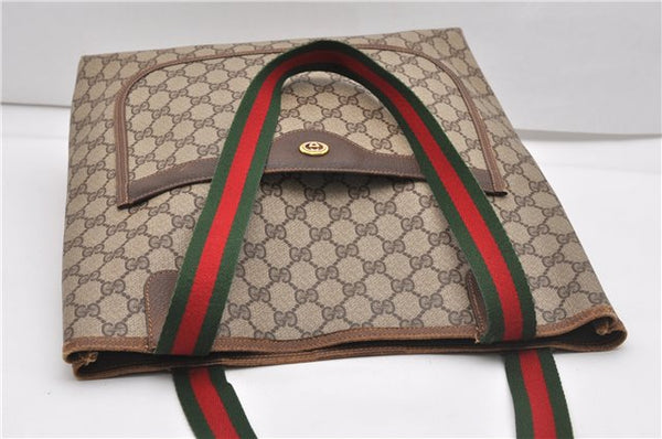 Authentic GUCCI Web Sherry Line Shoulder Tote Bag GG PVC Leather Brown 1214G