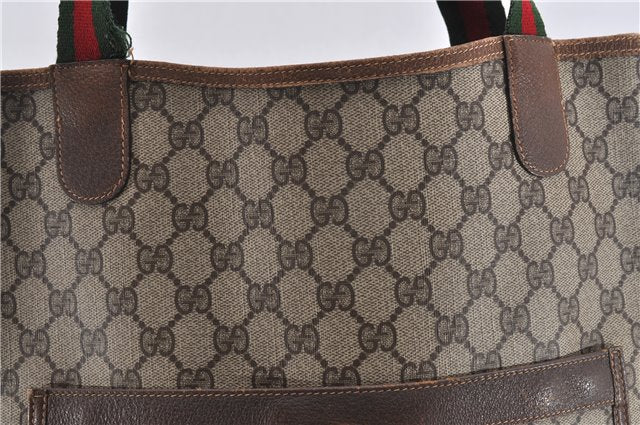 Authentic GUCCI Web Sherry Line Shoulder Tote Bag GG PVC Leather Brown 1214G