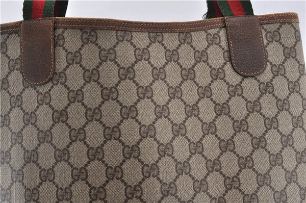 Authentic GUCCI Web Sherry Line Shoulder Tote Bag GG PVC Leather Brown 1214G