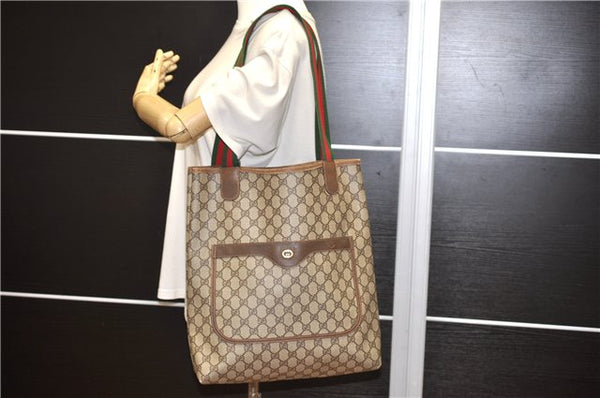 Authentic GUCCI Web Sherry Line Shoulder Tote Bag GG PVC Leather Brown 1214G