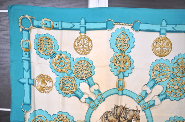 Authentic HERMES Carre 90 Scarf "Cuivreries" Silk Light Blue 1218I