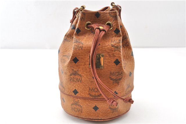 Authentic MCM Visetos Leather Vintage Shoulder Drawstring Bag Purse Brown 1221G