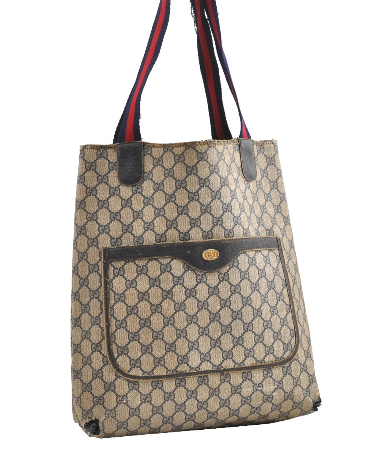 Authentic GUCCI Vintage Sherry Line Shoulder Tote Bag GG PVC Leather Navy 1222G