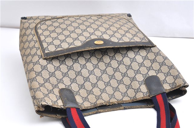 Authentic GUCCI Vintage Sherry Line Shoulder Tote Bag GG PVC Leather Navy 1222G