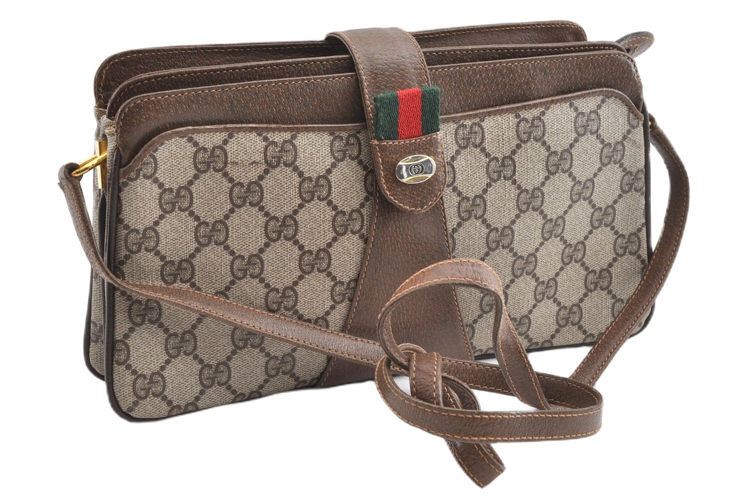 Authentic GUCCI Web Sherry Line Shoulder Cross Bag GG PVC Leather Brown 1224G