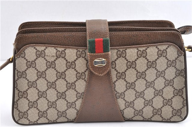 Authentic GUCCI Web Sherry Line Shoulder Cross Bag GG PVC Leather Brown 1224G