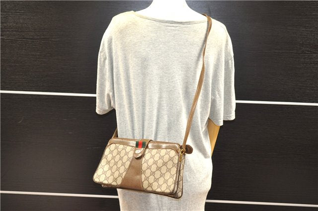Authentic GUCCI Web Sherry Line Shoulder Cross Bag GG PVC Leather Brown 1224G
