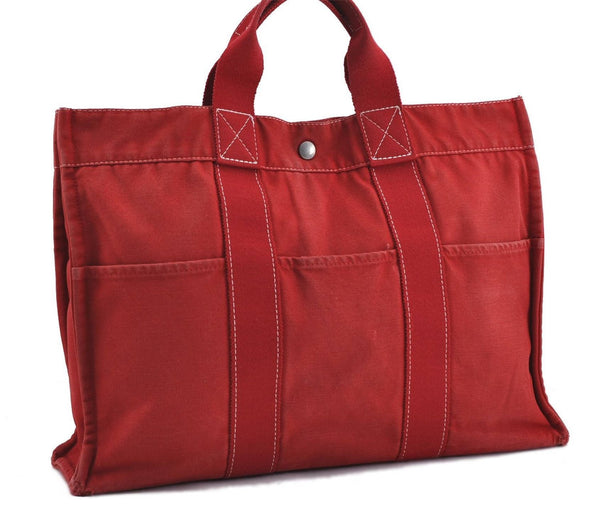 Authentic HERMES Deauville MM Hand Tote Bag Canvas Red 1225D