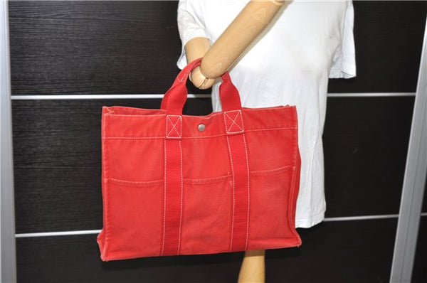 Authentic HERMES Deauville MM Hand Tote Bag Canvas Red 1225D