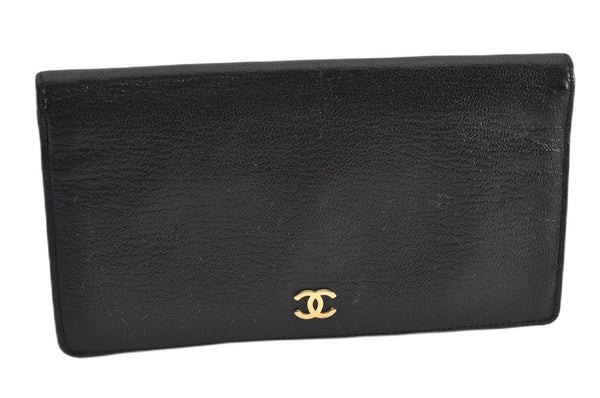 Authentic CHANEL Calf Skin CoCo Mark Long Bifold Wallet Purse Black CC 1228G