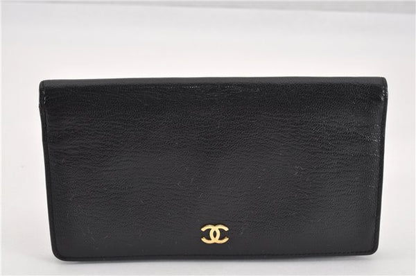 Authentic CHANEL Calf Skin CoCo Mark Long Bifold Wallet Purse Black CC 1228G