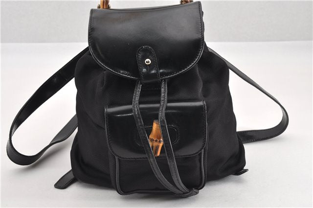 Authentic GUCCI Vintage Bamboo Backpack Purse Nylon Enamel Black 1230G
