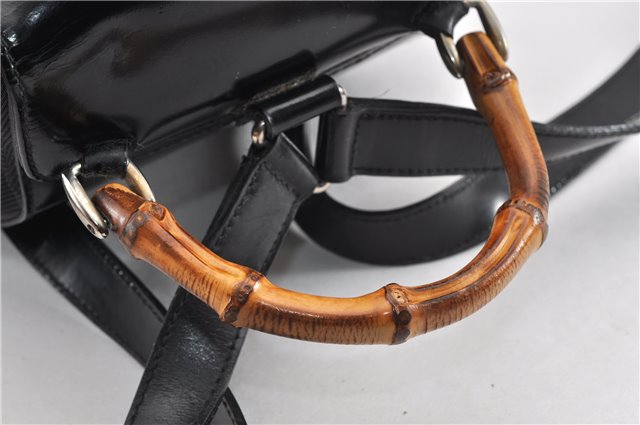 Authentic GUCCI Vintage Bamboo Backpack Purse Nylon Enamel Black 1230G